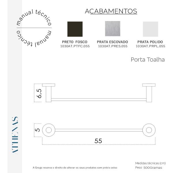 Imagem de Porta Toalha Barra 55cm Aço Inox e Metal Escovado Acetinado Modelo Athenas 