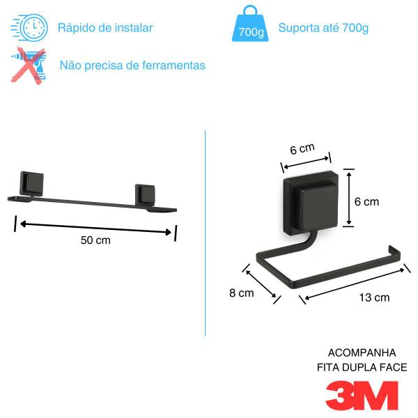 Imagem de Porta Toalha de Banho E Porta Rolo Preto com Fita Adesiva 3M