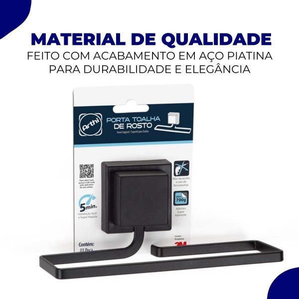 Porta Toalha de Rosto Barra Banheiro Lavabo Toalheiro Sem Furo Fixação Dupla Face Preto - Arthi Imagem de Porta Toalha de Rosto Barra Banheiro Lavabo Toalheiro Sem Furo Fixação Dupla Face Preto
