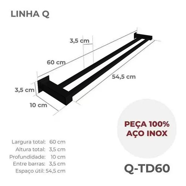 Imagem de Porta Toalha Toalheiro Duplo De Banheiro Lavabo 60cm Aço Inox 304 Preto Fosco Q-TD60PF