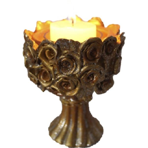 Imagem de Porta Vela Dourado Buquê Rosas - 9020g