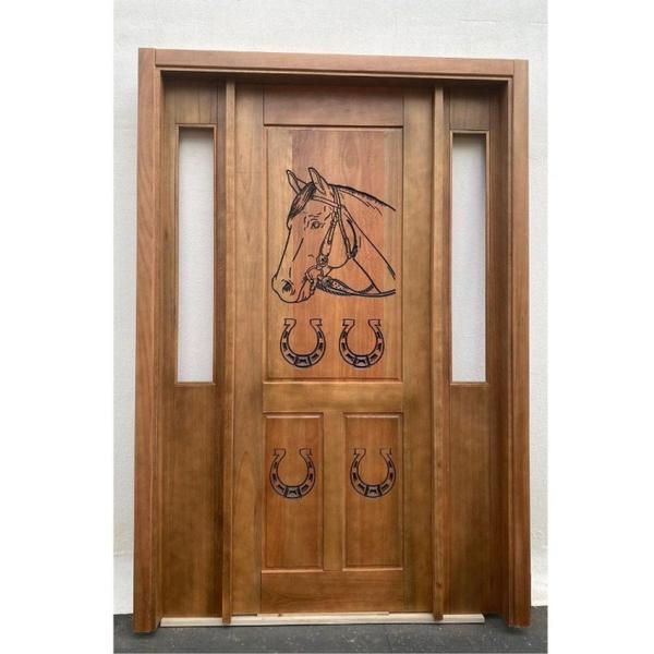 Imagem de Portal Madeira Maciça Vitrô Duplo Cavalo Entalhada Completa 153x213x16cm Cedro Rosa