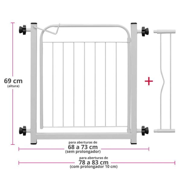 Imagem de Portão Pet Bebê 80cm De Altura 69/84cm Largura Com Prolongador 10 Cm F