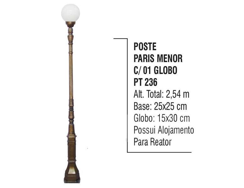 Imagem de Poste Paris Menor P/ Jardim de Alumínio 01 Globo 2,54m