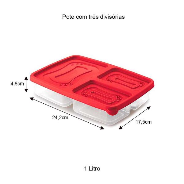 Imagem de Pote com 3 divisórias para marmita lanche frutas alimento geladeira freezer tapoer vermelho Plasútil