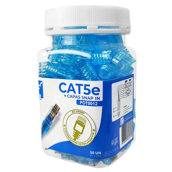 Pote Conector Macho Plug RJ45 Cat5e de Passagem EZ Crimp 50 Peças + Capa RJ45 Snap in com Trava Azul 50 Peças - Pier - Pier Telecom