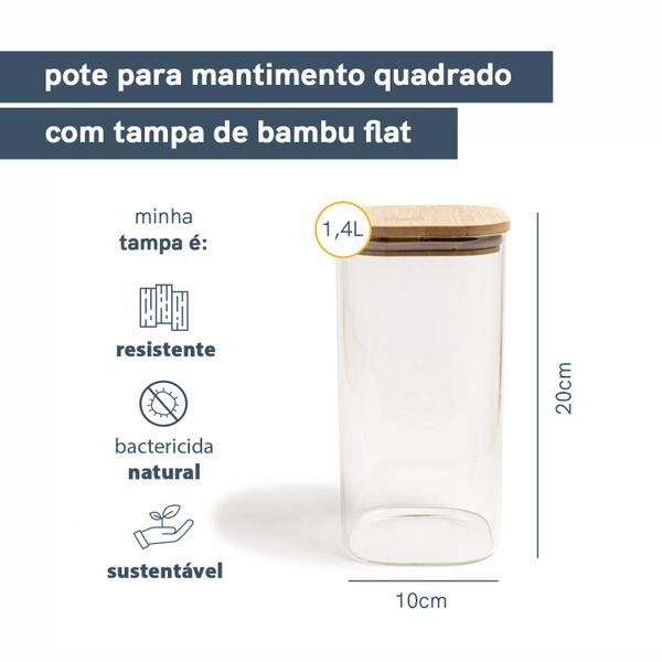 Imagem de Pote de Mantimentos Quadrado Flat 1400ml Tampa Bambu - Oikos