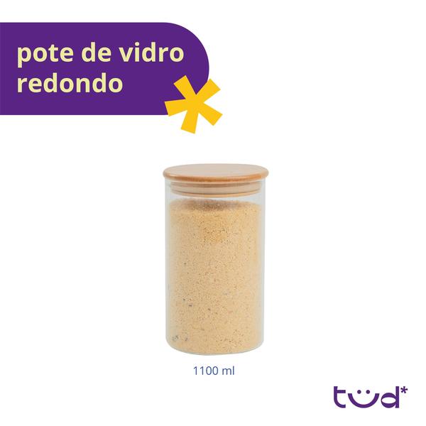 Imagem de Pote de vidro 1,1L com tampa de bambu hermético redondo - Tüd