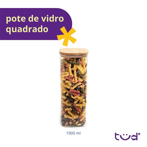 Imagem de Pote de vidro 1,9L com tampa de bambu hermético quadrado - Tüd