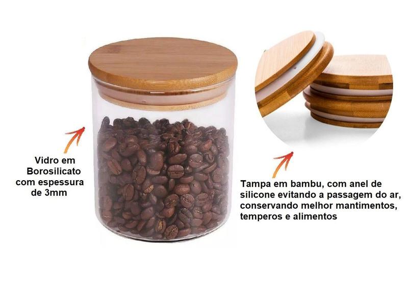 Imagem de Pote De Vidro 760ml Hermético Com Tampa Bambu Porta Mantimentos Condimentos Tempero Marmita Redondo