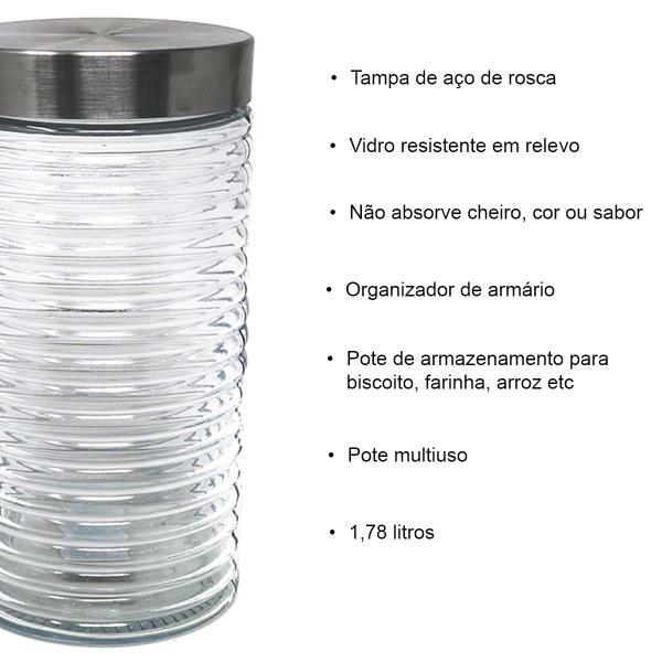 Pote de Vidro Alto Hermético Tampa Aço Inox Vedação Porta Mantimentos Alimentos Utensilio Cozinha Decoração 1780ml 21,5cm - Mabel Imagem de Pote de Vidro Alto Hermético Tampa Aço Inox Vedação Porta Mantimentos Alimentos Utensilio Cozinha Decoração 1780ml 21,5cm