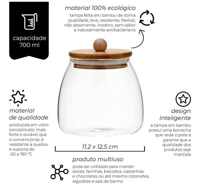 Imagem de Pote de Vidro Borossilicato c/ Tampa de Bambu Ecokitchen 700ml