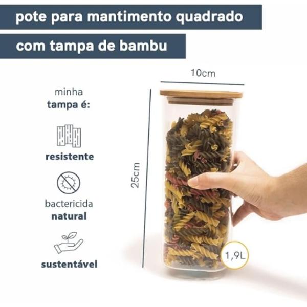 Imagem de Pote de Vidro Hermético com Tampa de Bambu Quadrado 1900ml - Oikos