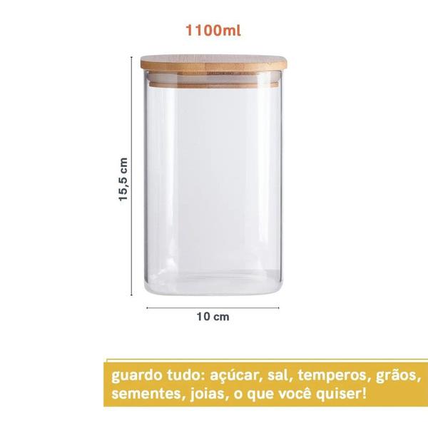 Imagem de Pote de Vidro Hermético Quadrado 1100ml c/ Tampa Bambu Oikos