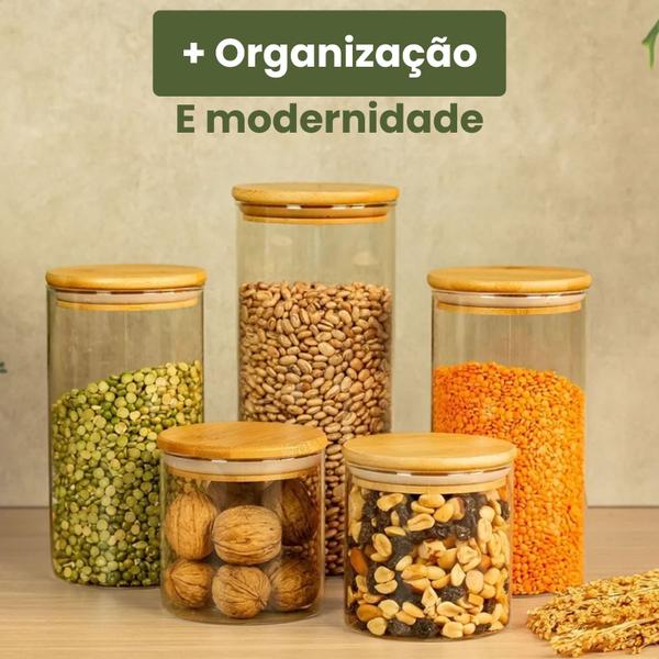 Pote de Vidro Hermético Transparente Kit 5 Potes Tampa Bambu - KONTUZ Pote de Vidro Hermético Transparente Kit 5 Potes Tampa Bambu - KONTUZ