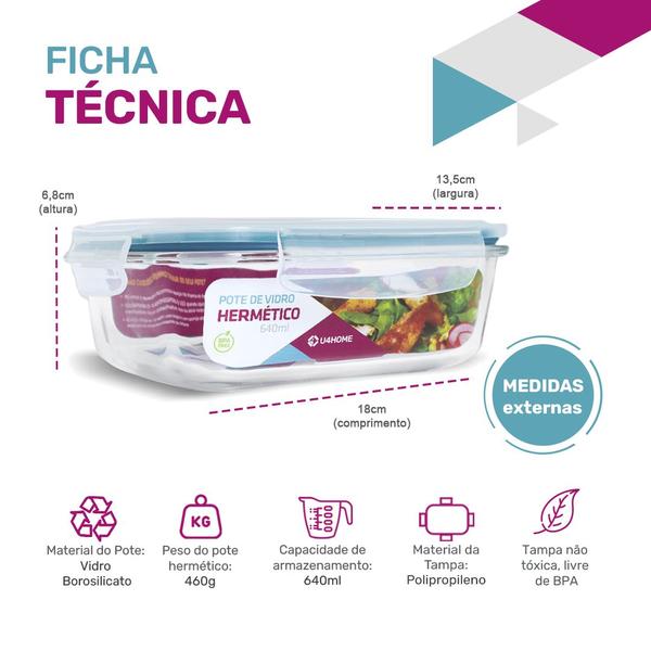 Imagem de Pote de Vidro Retangular Hermético Marmita Tampa Plástico Alimentos 640ml