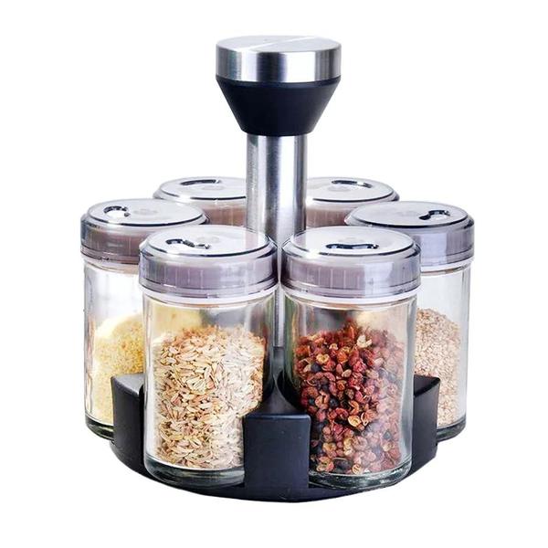 Imagem de Pote de vidro rotativa para temperos, garrafa de vidro para pimenta, açúcar, sal, recipiente selado, caixa de tempero co