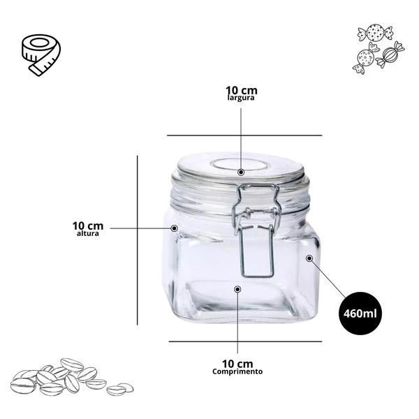 Pote De Vidro Vedação Hermético Quadrado C/ Travas Presilhas 460ml Design Elegante - Le Bianco Imagem de Pote De Vidro Vedação Hermético Quadrado C/ Travas Presilhas 460ml Design Elegante