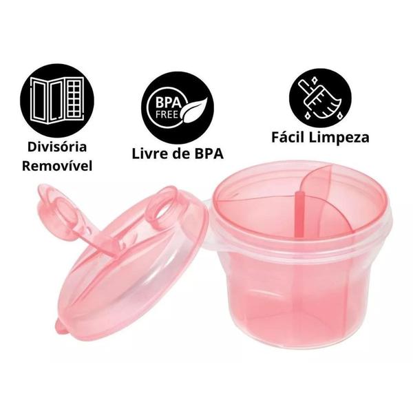 Imagem de Pote Dosador de Leite Em Pó 300Ml Com 3 Divisória Rosa 7761 - Buba