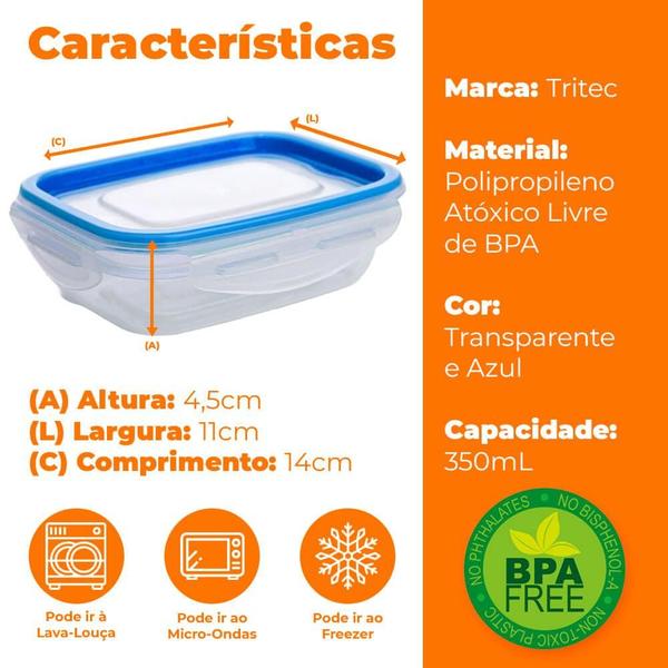 Imagem de Pote Hermético de Plástico com Travas Retangular 350ml - Tritec