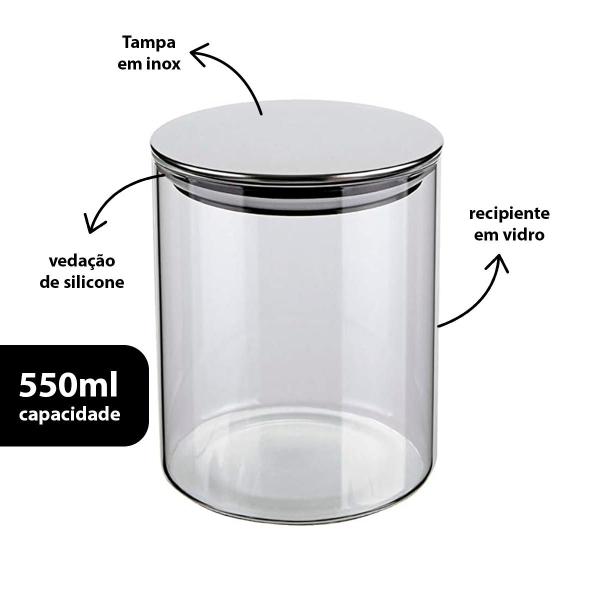 Imagem de Pote Hermetico de Vidro Tampa Inox Para Alimentos 550ml 3 Un