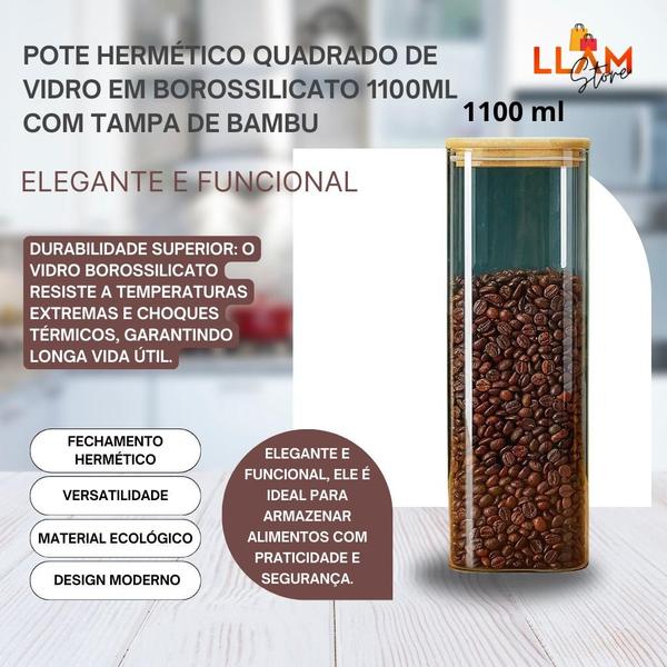 Imagem de Pote Hermético Quadrado de Vidro em Borossilicato 1100ml com Tampa de Bambu