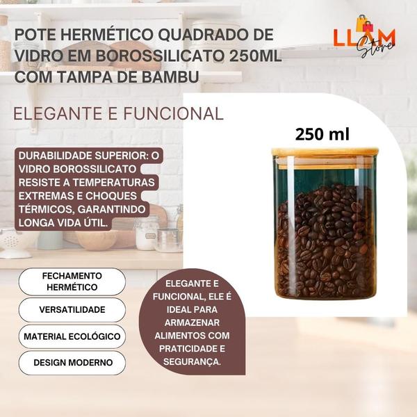 Imagem de Pote Hermético Quadrado de Vidro em Borossilicato 250ml com Tampa de Bambu