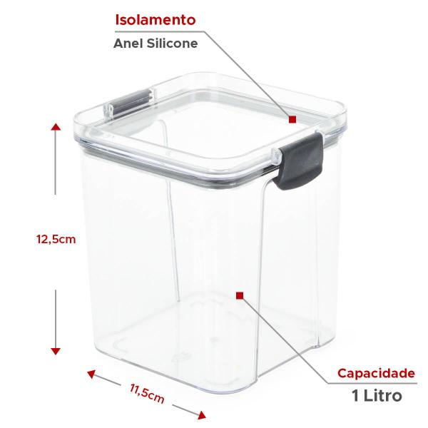 Imagem de Pote Hermético Quadrado Transparente com Trava 1L Preto