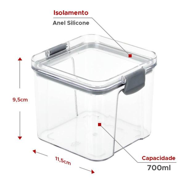 Imagem de Pote Hermético Quadrado Transparente Com Trava 700Ml Cinza