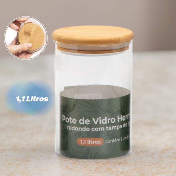 Imagem de Pote Hermético Vidro 1100ml Tampa Bambu Redondo Cozinha