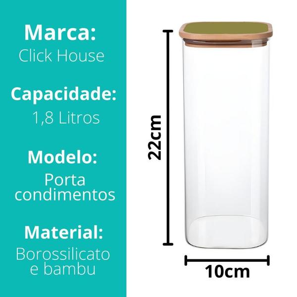 Pote Mantimento Vidro Com Tampa Verde Hermético Bambu 1,8l - CLICK HOUSE Imagem de Pote Mantimento Vidro Com Tampa Verde Hermético Bambu 1,8l