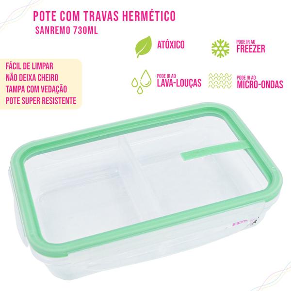 Imagem de Pote Marmita com Divisória Freezer Microondas Com Travas Click Vedação Silicone 730 ml Sanremo