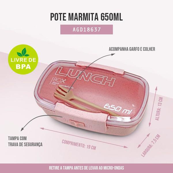 Imagem de Pote Marmita Rosa 650ML Com Garfo e Colher