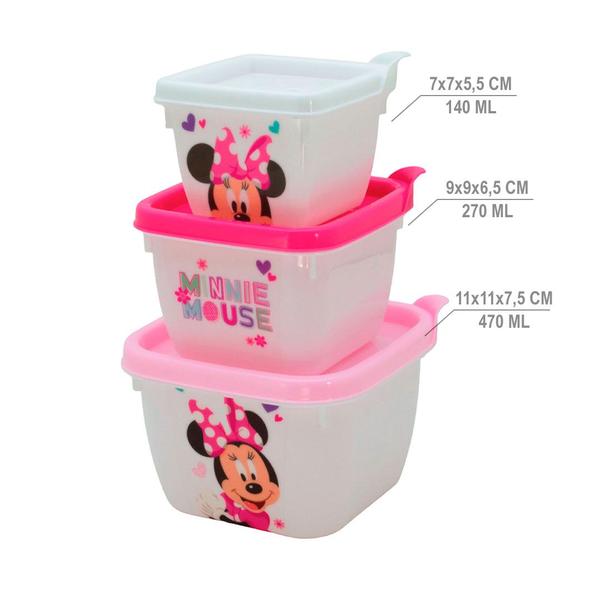 Imagem de Pote Minnie Rosa Infantil Kit com 3 Marmitas para lanche Escolar Plasútil