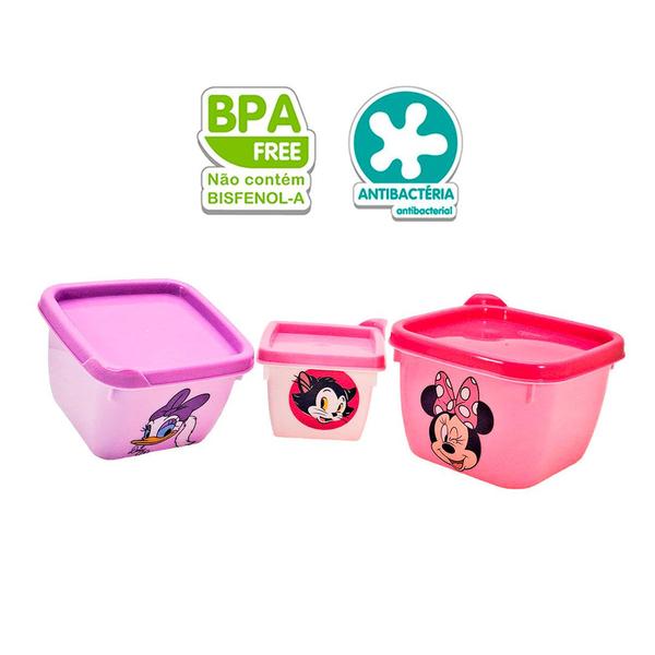 Imagem de Pote Minnie Rosa Infantil Kit com 3 Marmitas para lanche Escolar Plasútil