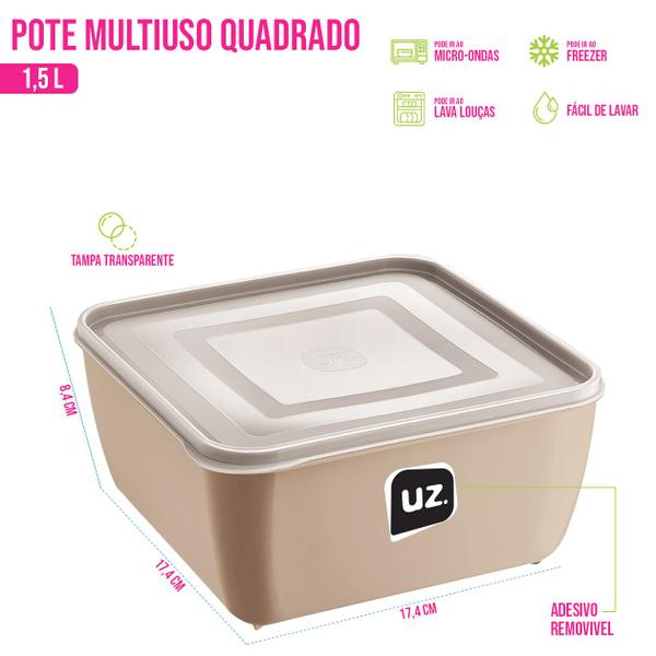 Imagem de Pote Multiuso Premium Quadrado 1,5 Litros Armazenamento Alimentos Prático Polipropileno Livre de BPA Resistente Micro-ondas Freezer