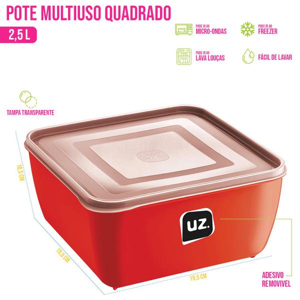 Imagem de Pote Multiuso Quadrado 2,5 L Pratico Armazene seus alimentos Organize Cozinha Resistente Micro-ondas Freezer Tampa Transparente