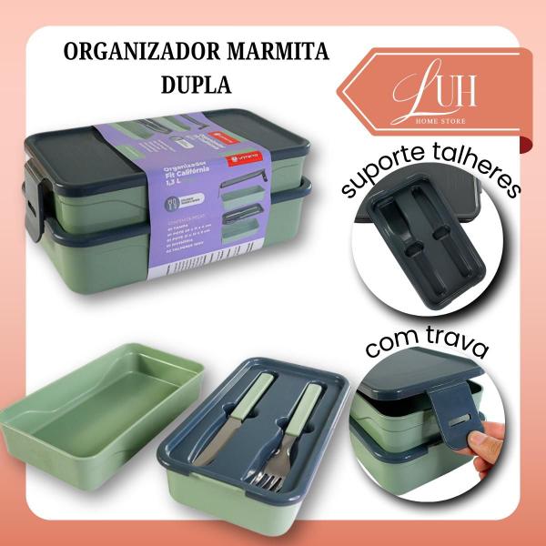 Imagem de Pote Plástico Organizador De Alimentos Marmita Fit Com Talheres 