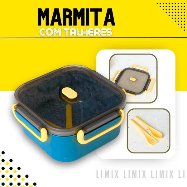 Imagem de Pote Plástico Retangular 1L Fitness Marmita C/ Compartimento Azul