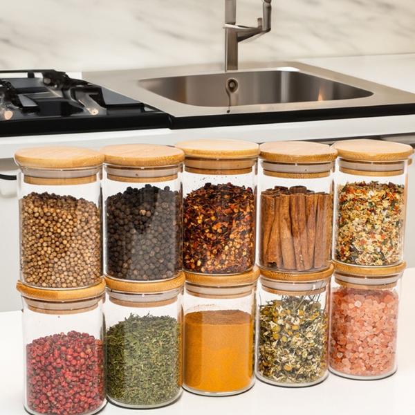 Pote Porta Temperos Mantimentos Design Sofisticado Tampa De Bambu Hermético 250ml - Novicasa Imagem de Pote Porta Temperos Mantimentos Design Sofisticado Tampa De Bambu Hermético 250ml