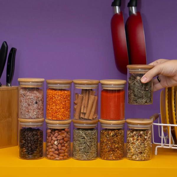 Pote Porta Temperos Mantimentos Design Sofisticado Tampa De Bambu Hermético 250ml - Novicasa Imagem de Pote Porta Temperos Mantimentos Design Sofisticado Tampa De Bambu Hermético 250ml