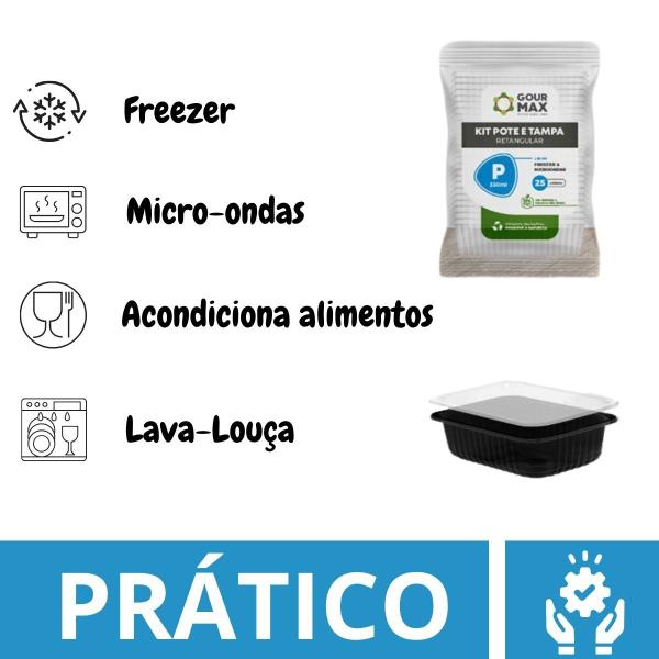 Imagem de Pote Preto 350ml C/ 72un Descartável Marmita Freezer Microondas Fitness C/ Tampa