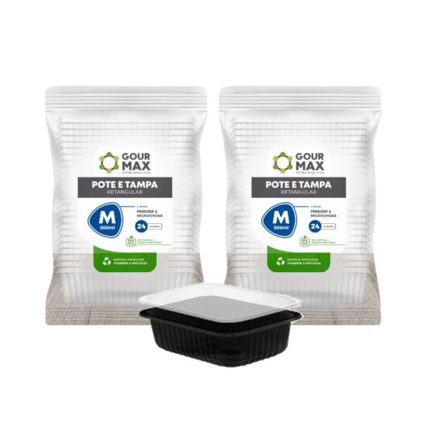 Pote Preto C/ 48un 500ml Descartável Marmita Freezer Microondas Fitness C/ Tampa - Gourmax Imagem de Pote Preto C/ 48un 500ml Descartável Marmita Freezer Microondas Fitness C/ Tampa