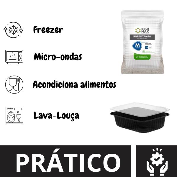 Pote Preto C/ 48un 500ml Descartável Marmita Freezer Microondas Fitness C/ Tampa - Gourmax Imagem de Pote Preto C/ 48un 500ml Descartável Marmita Freezer Microondas Fitness C/ Tampa
