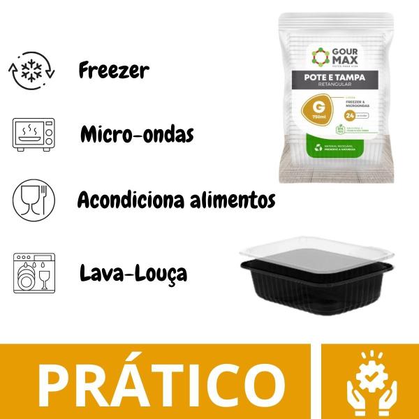 Pote Preto C/ 48un 750ml Descartável Marmita Freezer Microondas Fitness C/ Tampa - Gourmax Imagem de Pote Preto C/ 48un 750ml Descartável Marmita Freezer Microondas Fitness C/ Tampa