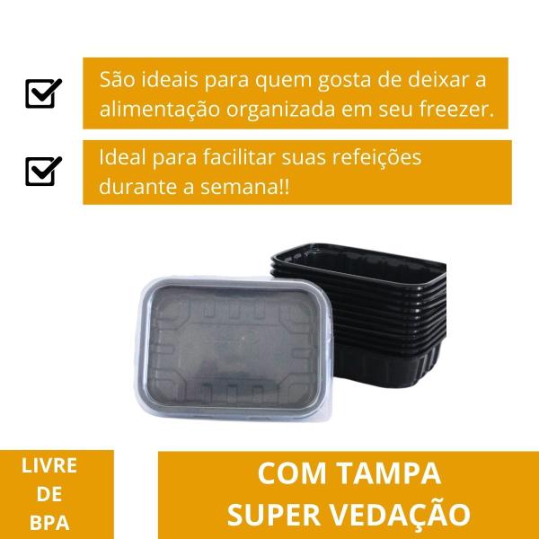 Imagem de Pote Preto C/ 72un 750ml Descartável Marmita Freezer Microondas Fitness Retangular C/ Tampa