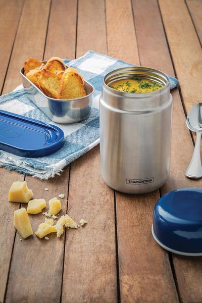 Pote termico em aco inox com tampa azul 8,8 cm 400 ml tramontina Imagem de Pote termico em aco inox com tampa azul 8,8 cm 400 ml tramontina