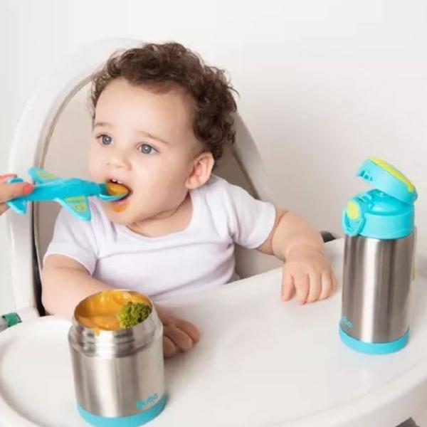 Imagem de Pote Térmico Papinha Buba Bebê com talher Azul ou Rosa Inox Menino Menina Introdução Alimentar Passeio Viagem Escola