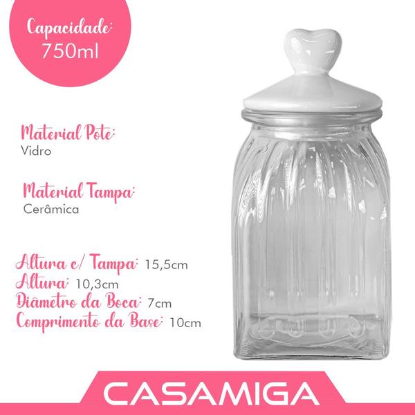 Imagem de Pote Vidro Tampa Cerâmica Coração 750ml Class Home