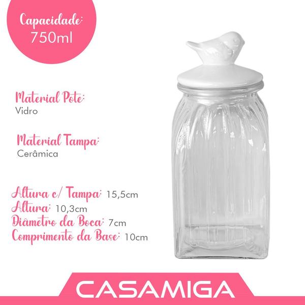 Imagem de Pote Vidro Tampa Cerâmica Pássaro 750ml Class Home